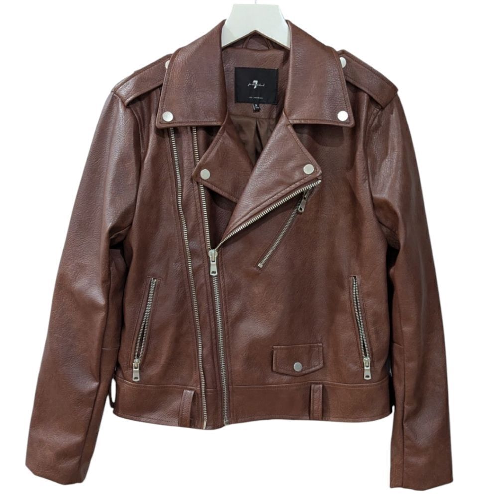 7 For All Mankind Women's M Brown Faux Leather Moto Jacket